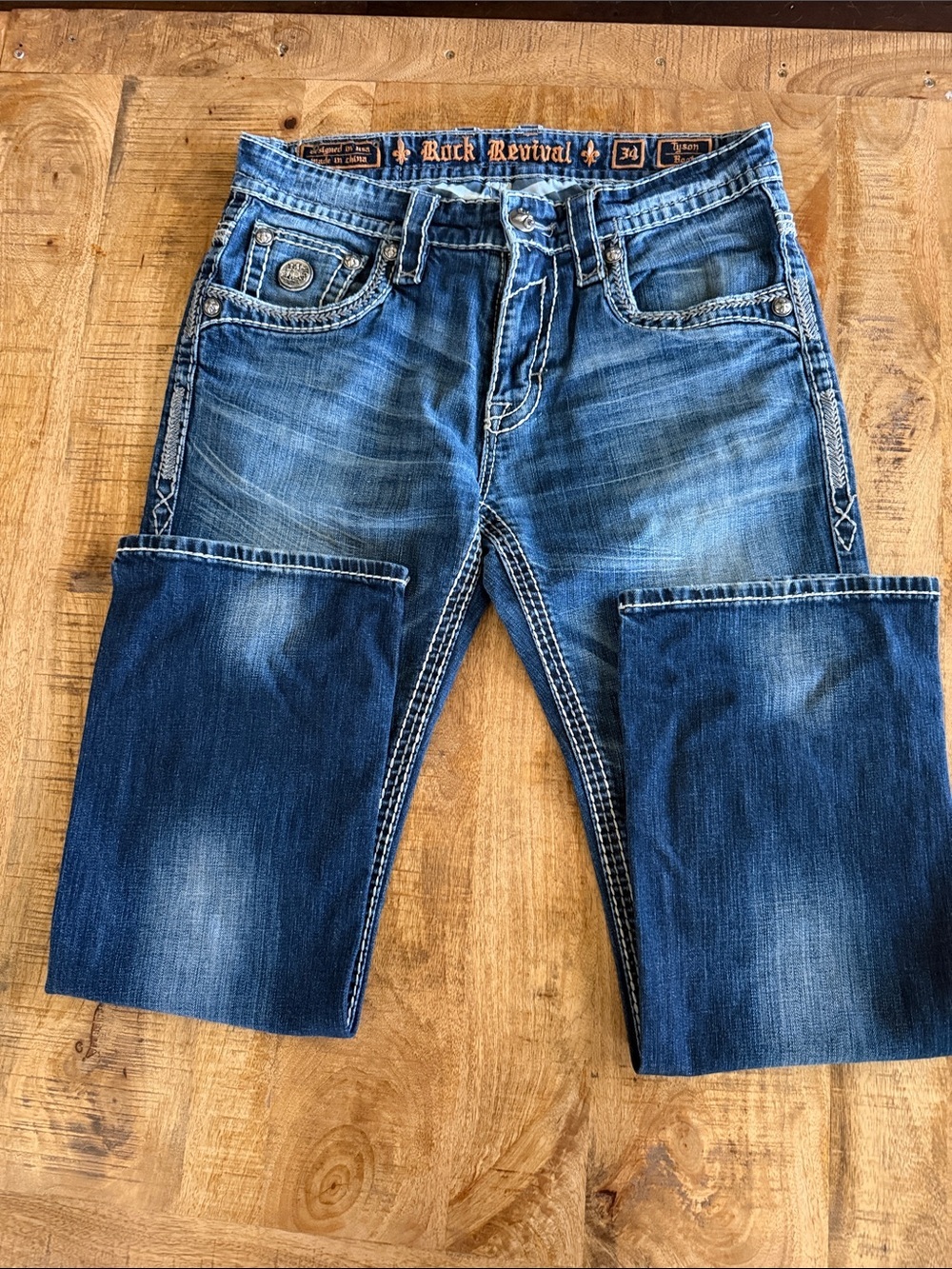 Rock Revival Slim Straight Men’s Jeans in Distressed Blue Denim - Picture 1 of 8